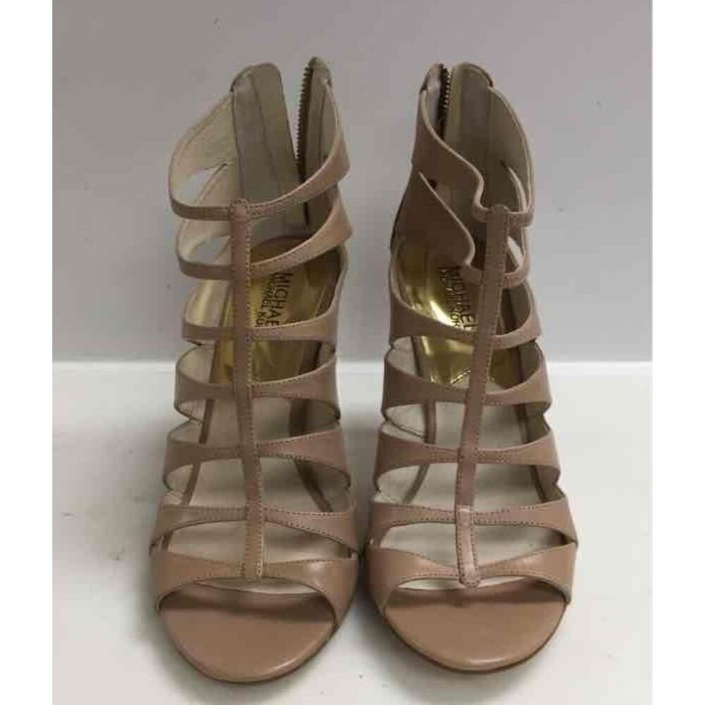 EUC Size 9 Michael Michael Kors Mavis Beige Leather Open Toe High Heel Sandals